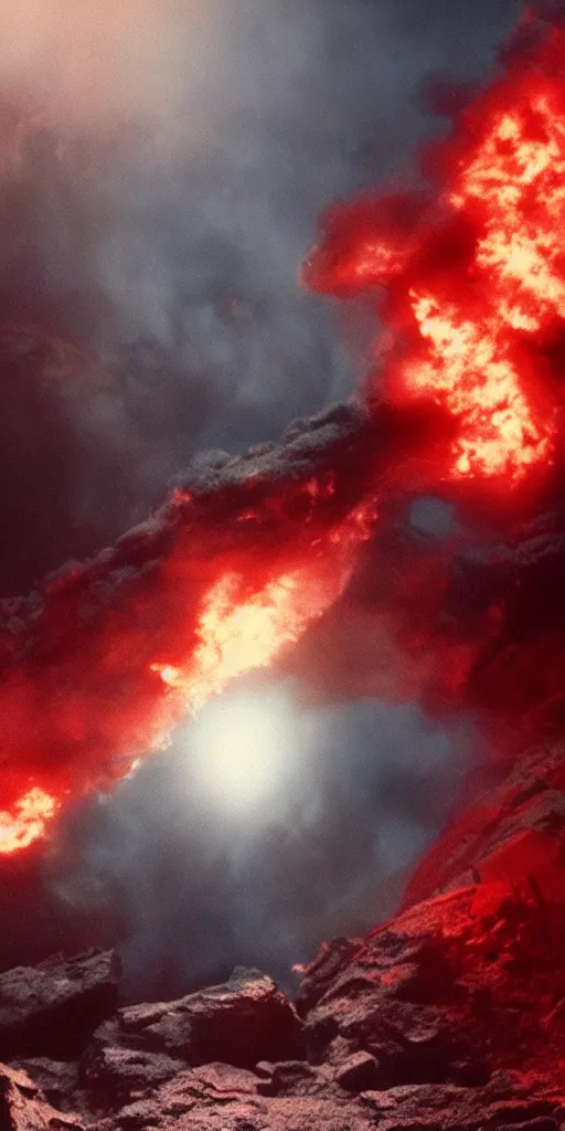 Image similar to low - resolution filmstill of a kaiju monster, fog, smoke, fire, red and blue hues, thriller, underdeveloped, flare, epic, dramatic