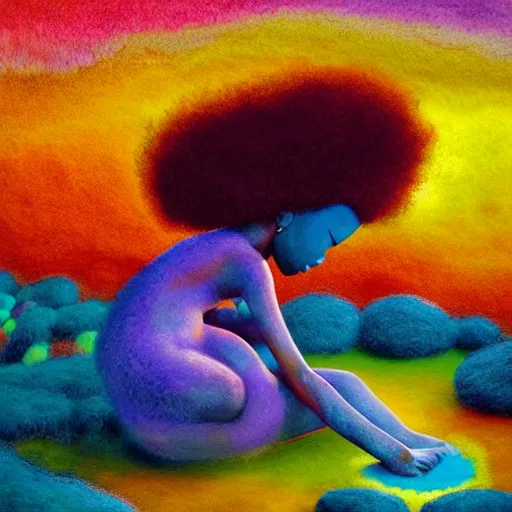 Image similar to a black girl with a colorful afro and big colorful eyes meditating in an african zen garden at sunset, bright colours, bokeh!!, watercolor, volumetric wool felting, macro photography, children illustration, by goro fujita