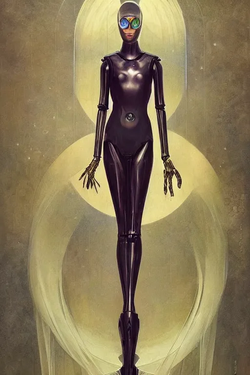 Prompt: fullbody or portrait, simple raven, perfect future, iridescent color palette, by wlop and karol bak and bouguereau and viktoria gavrilenko, 1 9 7 0 s retro future robot android. muted colors