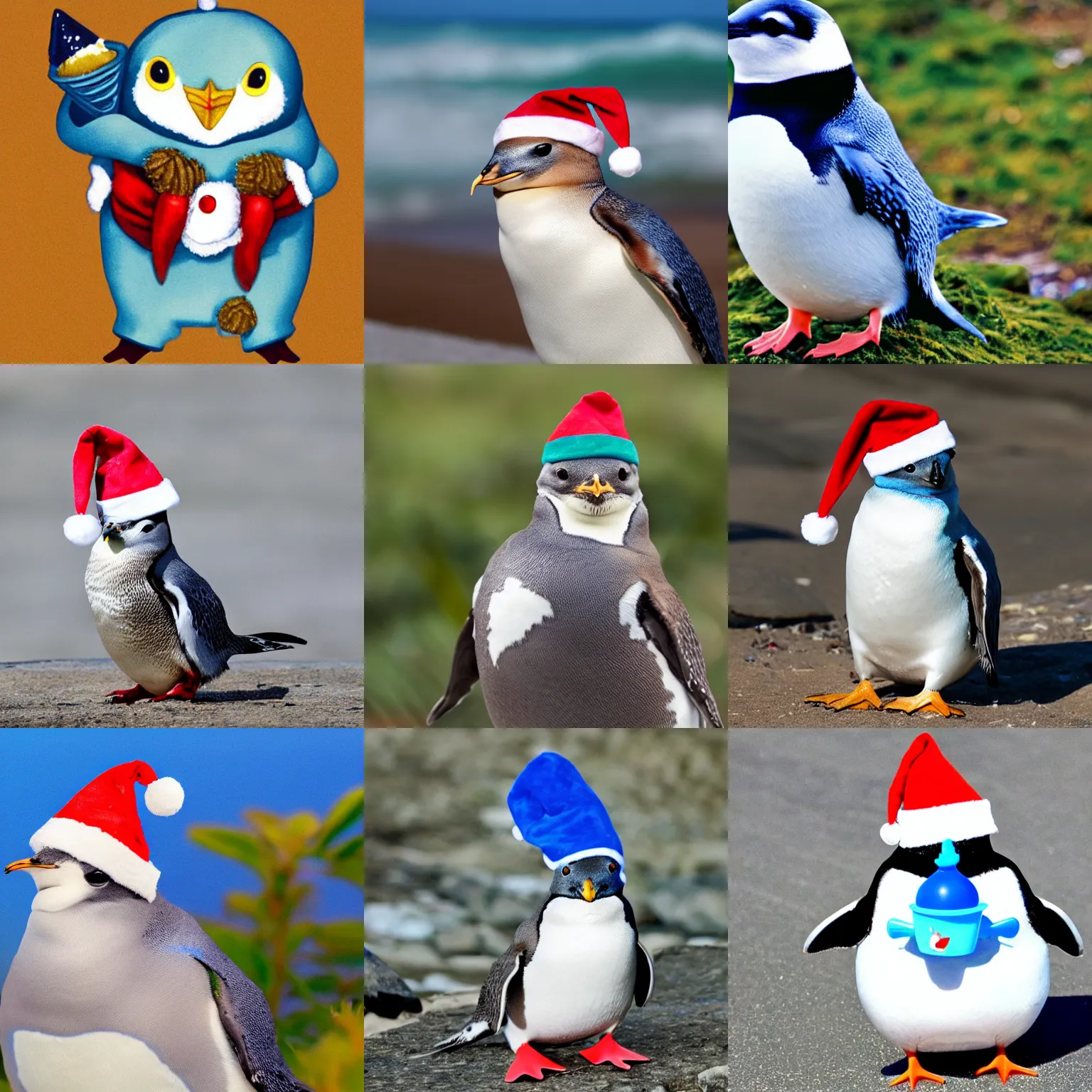 Prompt: blue penguin with ド on its belly, wearing a Santa hat, eating ice cream
