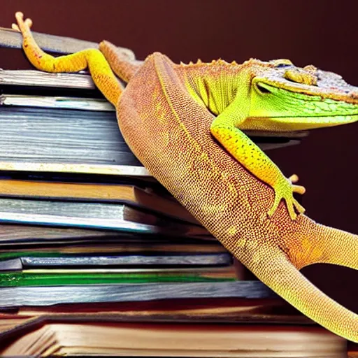 Image similar to the! gecko from geico commercials! on a table,! being crushed! by a stack of books