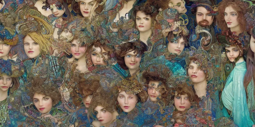 Prompt: detailed colour masterpiece of photography group portrait of people sat down extreme closeup, in the inside of the beautiful underwater crowded train to atlantis, detailed realistic expressions, wearing unusual clothes, by mucha