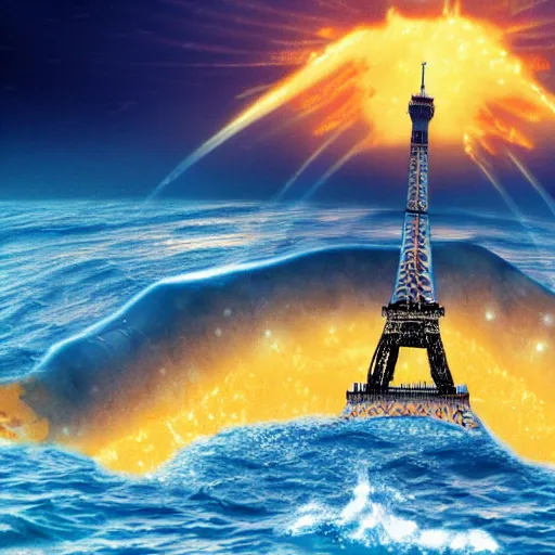 Image similar to eiffel tower is swimming in the ocean under the cheese rain on neptune planet, hyper realistic, illustration, digital art