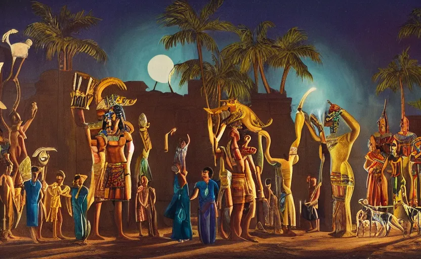 Image similar to a 1 9 5 0's technicolor cinematic scene of actors playing egyptian gods with animal heads, having a ceremony in a moonlit temple in karnak, realism, superior lighting, atmospheric