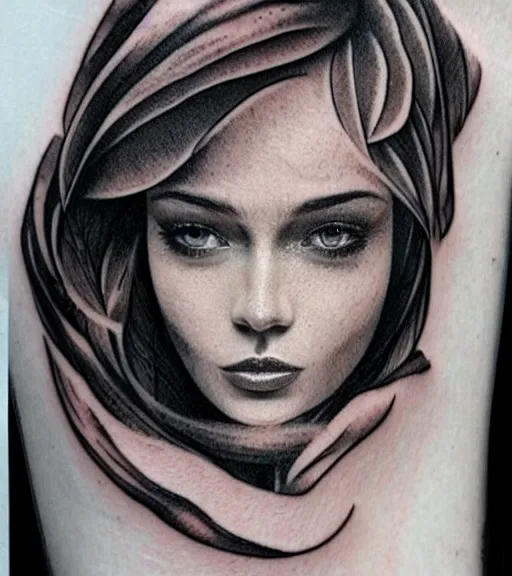 Image similar to tattoo design sketch of a beautiful woman face against a background of beautiful mountains and nature, hyper - realistic, in the style of den yakovlev, amazing detail, black and white