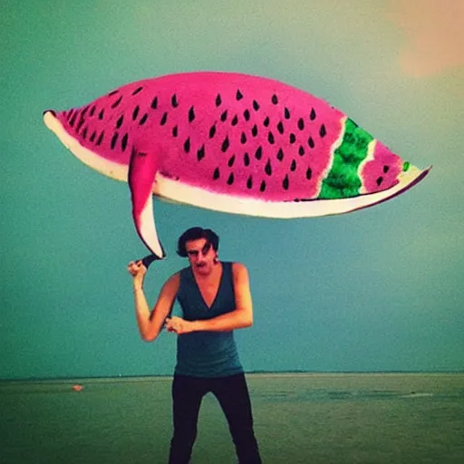 Image similar to “Watermelon whale with Harry Styles riding it”