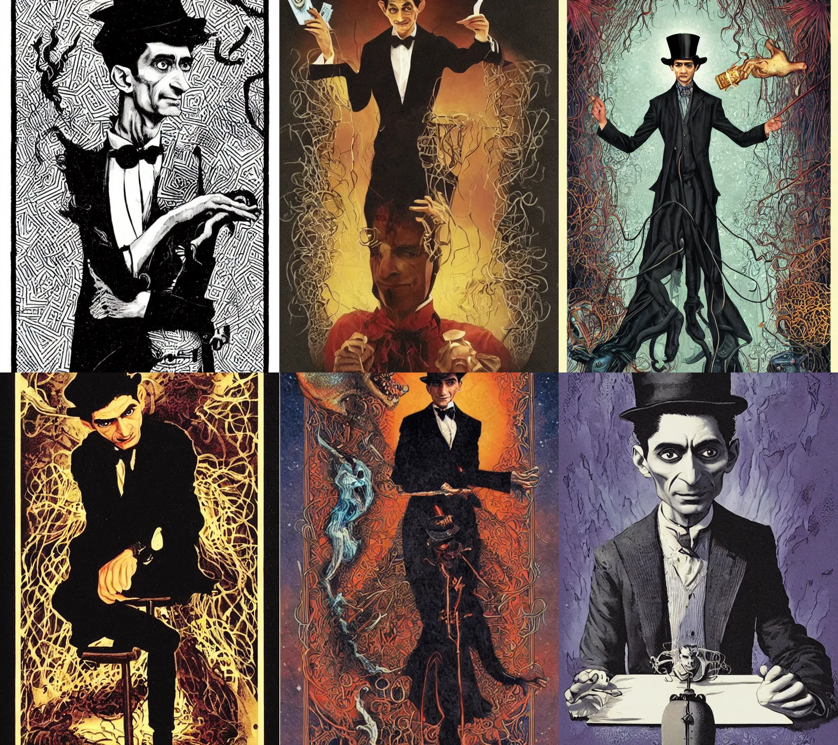 Prompt: A striking illustration of Franz Kafka as the Magician charcter in the Tarot deck designed by Jason Edmiston and Joe Fenton
