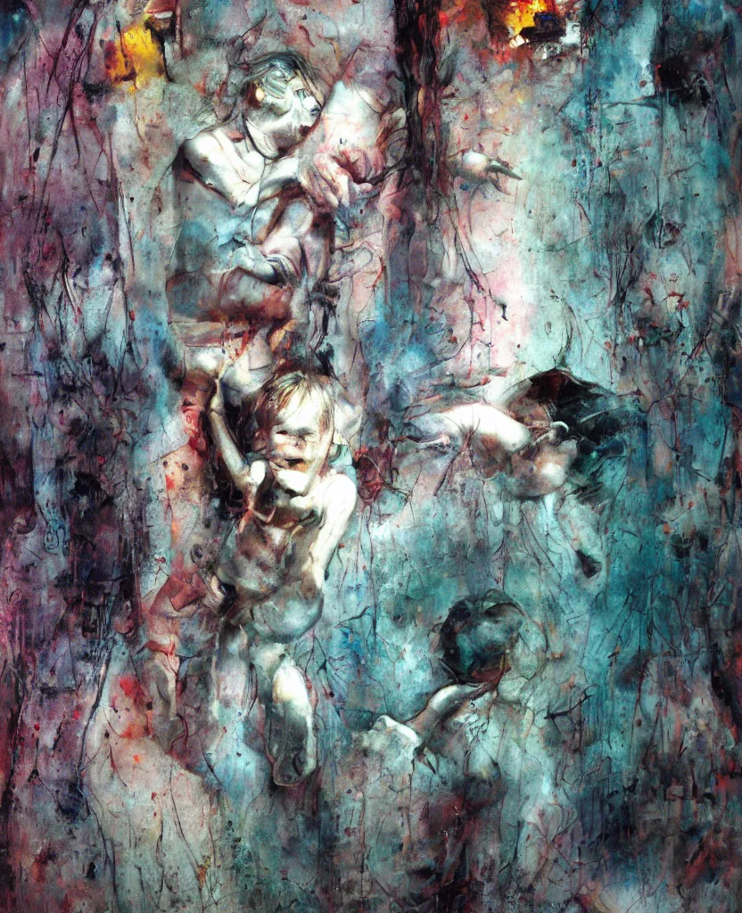 Image similar to professional corrupted image photo of a cyborg woman and a child crying in a fridge painted by Adrian Ghenie, Francis Bacon, and Cy Twombly, highly detailed Beksinski painting, high resolution, highly pixelated, datamoshed, pixel sorted,