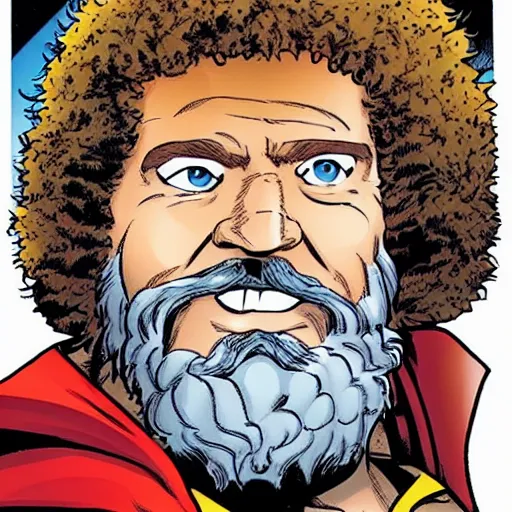 Prompt: bob ross dressed as thor in a comic book