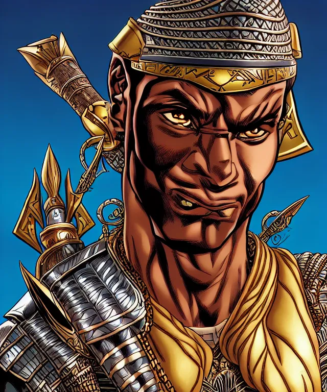 Image similar to a ( fantasy comic ) ( cover art ) portrait of a ( egyptian warrior ) who looks like ( keith david in they live ), digital illustration by tomoyuki yamasaki and sana takeda and kentaro miura, fine inking lines, vivid colors, dnd, photorealistic, hd, 4 k, trending on artstation