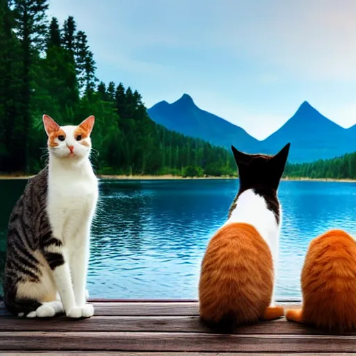 Prompt: two cats staring off into the distance on a wooden dock, in the background is a beautiful view of a crystal clear lake and a mountain range