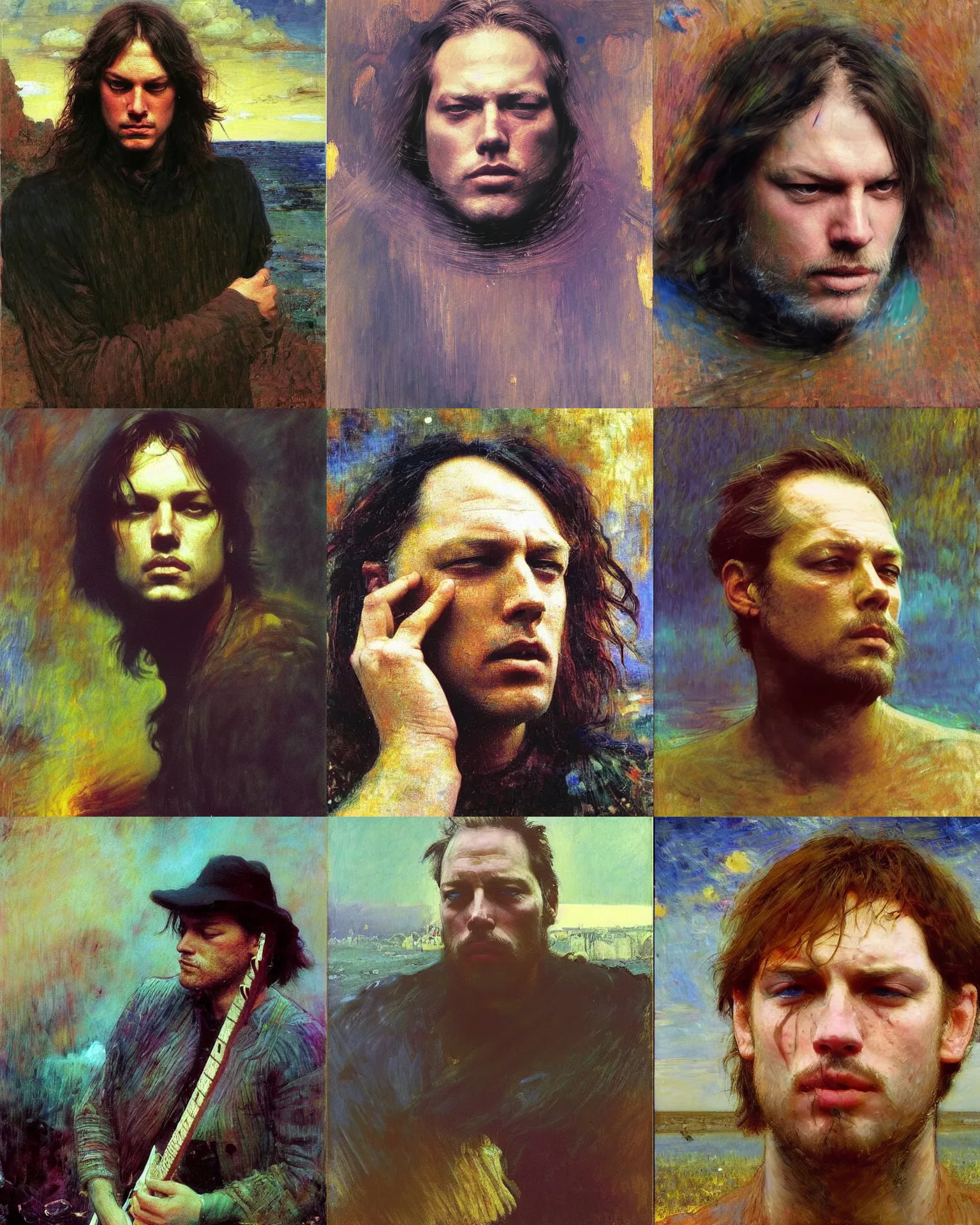 Prompt: david gilmour age 3 2 dramatic expression, psychedelic plein air portrait painting by ilya repin, john william waterhouse, thomas moran, studio ghibli, donato giancola, fashion photography,