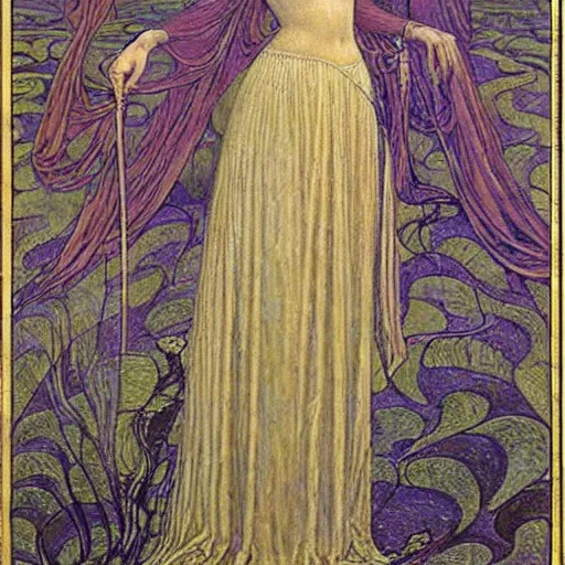 Image similar to beautiful young medieval queen by jean delville, art nouveau, symbolist, visionary, gothic