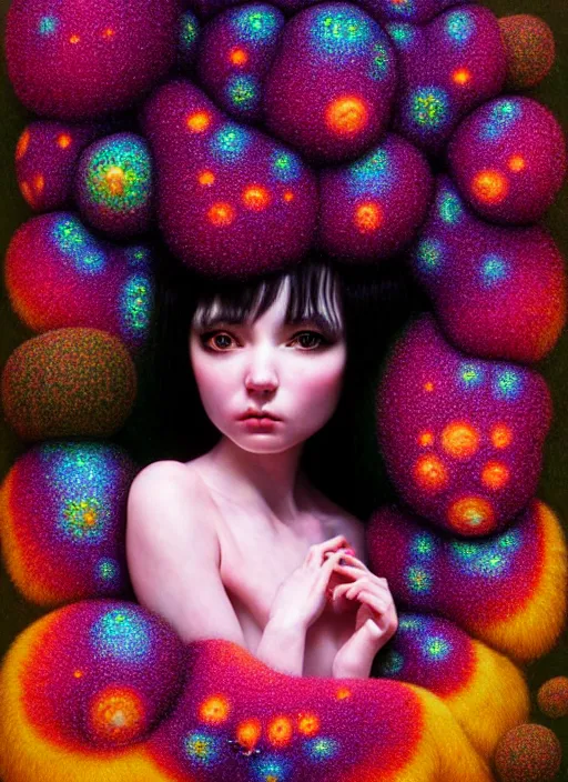 Prompt: hyper detailed 3d render like a Oil painting - kawaii portrait Aurora (black haired Singer Ferret) seen Eating of the Strangling network of yellowcake aerochrome and milky Fruit and Her delicate Hands hold of gossamer polyp blossoms bring iridescent fungal flowers whose spores black the foolish stars by Jacek Yerka, Mariusz Lewandowski, Houdini algorithmic generative render, Abstract brush strokes, Masterpiece, Edward Hopper and James Gilleard, Zdzislaw Beksinski, Mark Ryden, Wolfgang Lettl, hints of Yayoi Kasuma, octane render, 8k