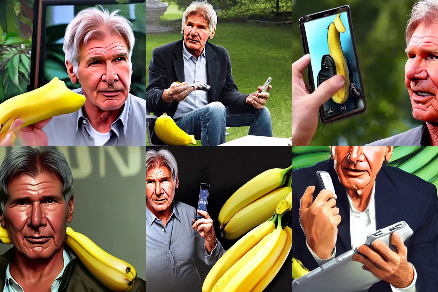 Prompt: harrison ford talking on banana shaped phone photorealistic