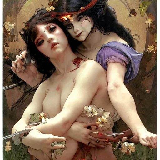 Image similar to two angry zombie girls attacking each other, intricate, art by artgerm and greg rutkowski and alphonse mucha and william - adolphe bouguereau, high detailed, 4 k,