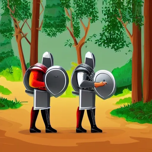 Prompt: A knight and his squire are walking along a forest path. A knight dressed in steel armor, and a squire with a spear and a bag of supplies. Beautiful cartoon style