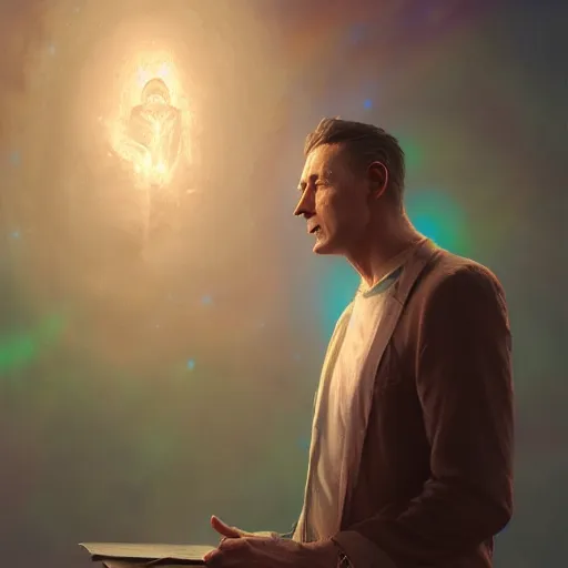 Image similar to neville goddard talking to god, ultra high detailed, glowing lights, oil painting, greg rutkowski, charlie bowater, beeple, unreal 5, daz, hyperrealistic, octane render, rpg portrait, dynamic lighting, fantasy art, beautiful face