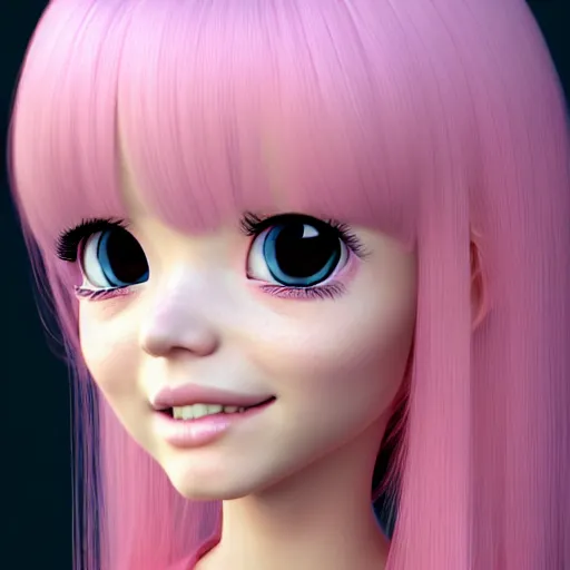 Prompt: A portrait of Nikki from Shining Nikki and Love Nikki, a cute 3d cgi toon young woman with long light pink hair, full bangs, hazel eyes, full face, light makeup, pale skin, Chinese heritage, medium shot, mid-shot, hyperdetailed, 8k, trending on artstation, as a Pixar character