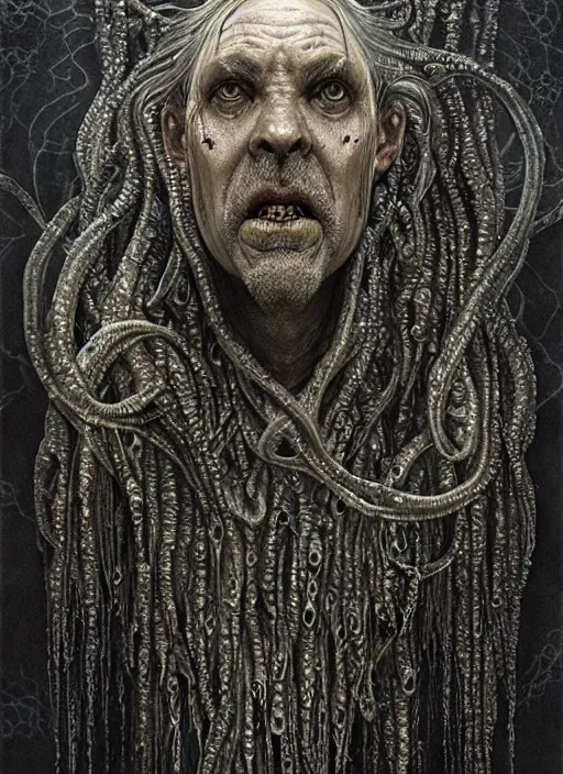 Image similar to portrait of a old lovecraftian underwater fish man hybrid with long wet tattered tangles of thinning black hair, eerie glowing eyes, wall hanging trophy taxidermy, hyper realistic head, fantasy art, in the style of greg rutkowski, zdizslaw beksinski, intricate, alphonse mucha, hyper detailed, smooth