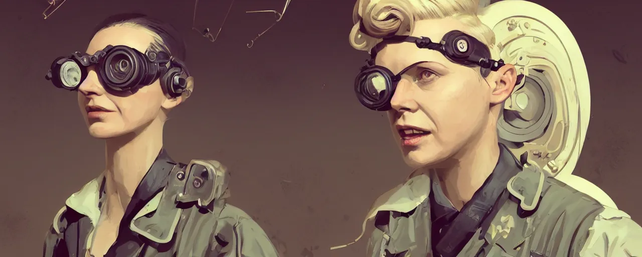 Image similar to illustration 3 / 4 portrait of stoic heroic emotionless butch blonde woman engineer with short slicked - back hair, wearing victorian goggles, no makeup, awkward and uncomfortable and anxious, dirty, dynamic composition by sachin teng and sergey kolesov and ron cobb. industrial space program, scifi, hyper detailed. octane render. concept art. trending on artstation