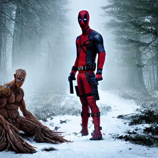 Image similar to deadpool and groot in the woods playing digital art 4 k detailed