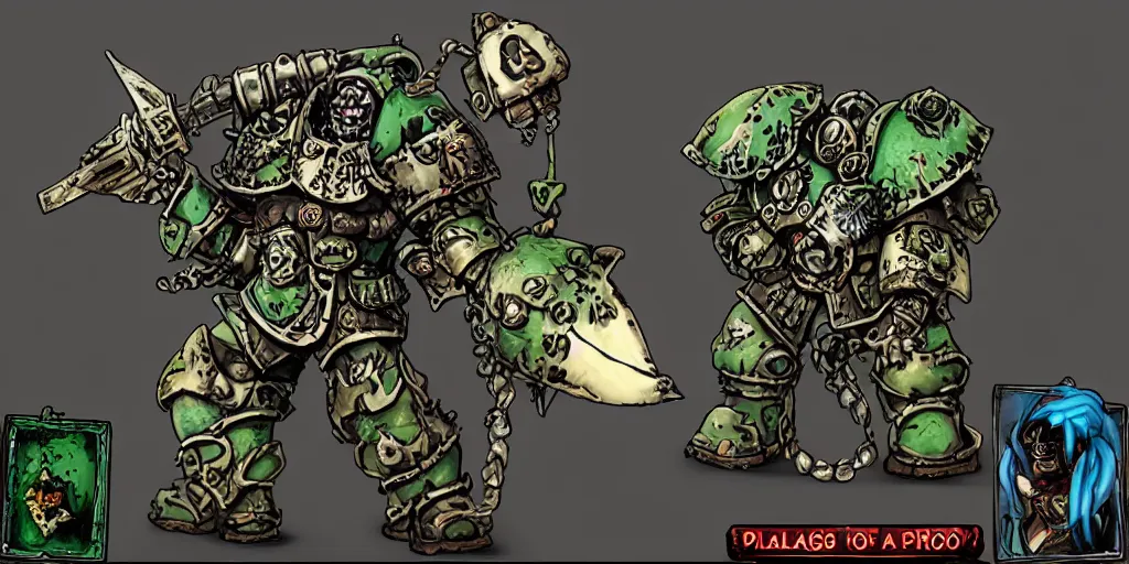 Image similar to plague marine from warhammer 40000 in a dating sim game