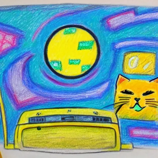 Image similar to An oil pastel drawing of an annoyed cat in a spaceship