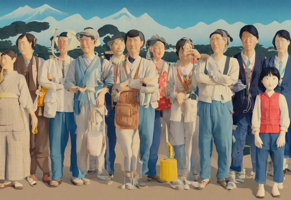 Image similar to full body portrait of a group, a row of a several european tourists standing with a variety of poses and props, several character designs, rural japan, a detailed painting, in the style of wes anderson, lola dupre, david hockney, isolated on negative white space background dark monochrome neon spraypaint accents volumetric octane render