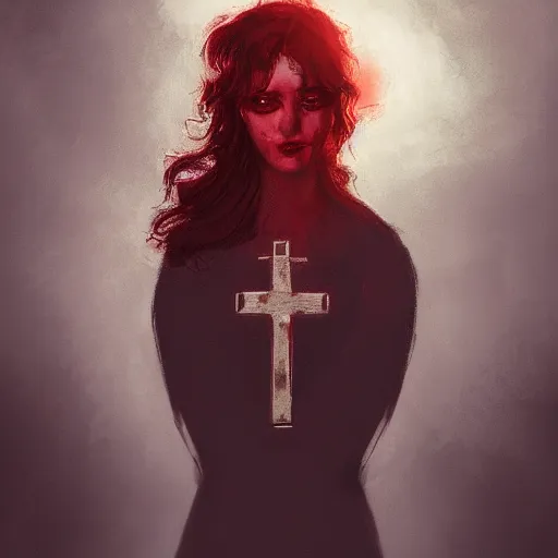 Image similar to shameless woman with impudent facial expression in shadow of church cross, elegant, dark and mysterious, atmospheric, red, trending on artstation, highly detailed, digital painting, volumetric light, concept art, illustration