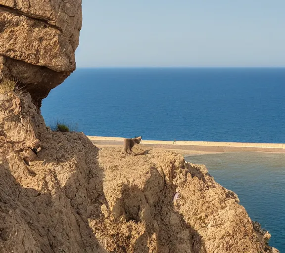 Prompt: a cat standing on a cliff overlooking a beach. hyper realistic and anamorphic 2 0 1 0 s movie still of giovanni falcone, by paolo sorrentino, leica sl 2 3 0 mm, beautiful color, high quality, high textured, lens flare, refined face and muzzle.