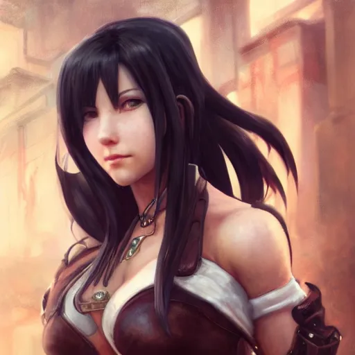 Image similar to a portrait painting of tifa from final fantasy 7, midgard steam punk city as backdrop, by greg rutkowski, artgerm, wlop, ruan jia, krenz cushart, alphonse mucha, marble, gold, unreal engine 5