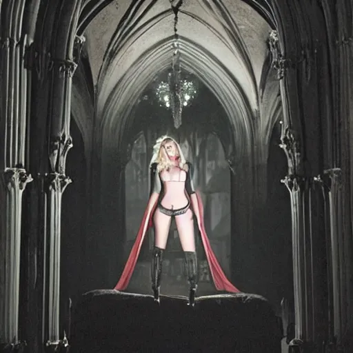 Image similar to elisha cuthbert as a vampire menacingly flashing her fangs in a gloomy gothic cathedral at night