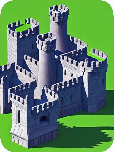 Image similar to medieval castle in a jungle with towers and moat, 3 d, isometric, low poly