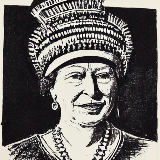 Prompt: queen elizabeth wearing herero headdress, lino print