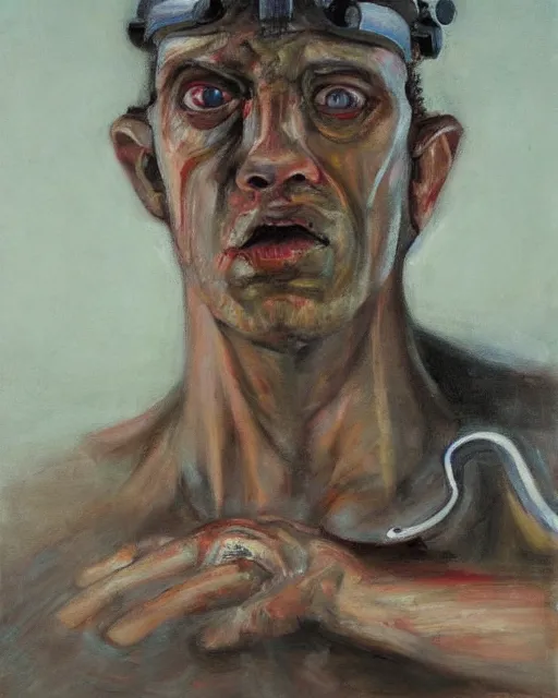 Image similar to sweet interesting portrait of a scared cyborg man, oil painting. HD