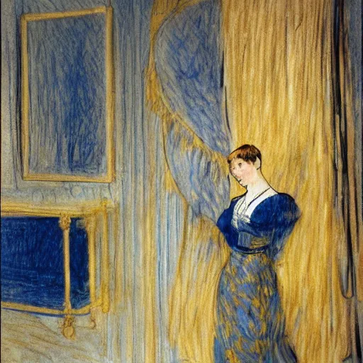 Image similar to a girl in a blue and gold ivory room, film still by goya, by henri de toulouse - lautrec, elegant drawing, digital painting, jugendstil, art noveau, strong lights, flat colors, pastel colors, art history, 8 k