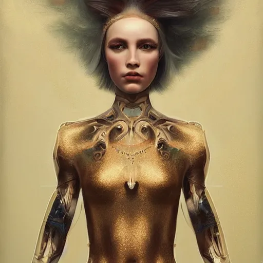 Image similar to Epic cinematic portrait of a very beautiful dollpunk female wearing Abstract bodysuit, focus, realistic eyes, symmetric body features proportions, golden ratio, ultra intricate details, award winning, unreal render, by Tom Bagshaw