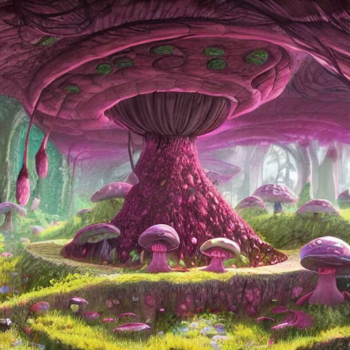 Prompt: concept art painting of a interior of a circular alien fairytale fantasy fungus house made of mushrooms, realistic, detailed, cel shaded, magenta and gray, dark, in the style of makoto shinkai and greg rutkowski and james gurney