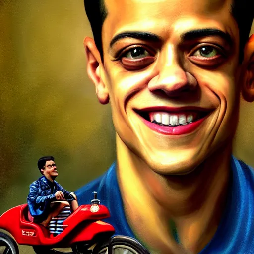 Prompt: A Hearts of Iron IV closeup portrait of a Rami Malek with bulging eyes and a huge smile, riding a tricycle. Dressed in 1980s style. Highly detailed, fine Art, high detail, great lighting, 8k resolution, masterpiece, concept art, illustration, clear eyes, painting oil on canvas, octane render, HDR, trending on artstation, 4k, 8k, HD