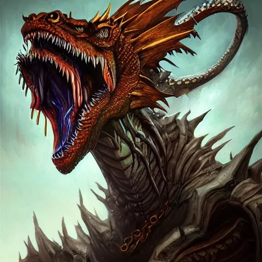 Image similar to dragon character concept portrait, profile picture, eldritch abomination, oil painting, cinematic, intricate complexity, rule of thirds, in the style of Adam Paquette, Svetlin Velinov, Daarken, Artgerm, Keith Thompson, and Eric Deschamps, face by Artgerm and WLOP, magic the gathering art