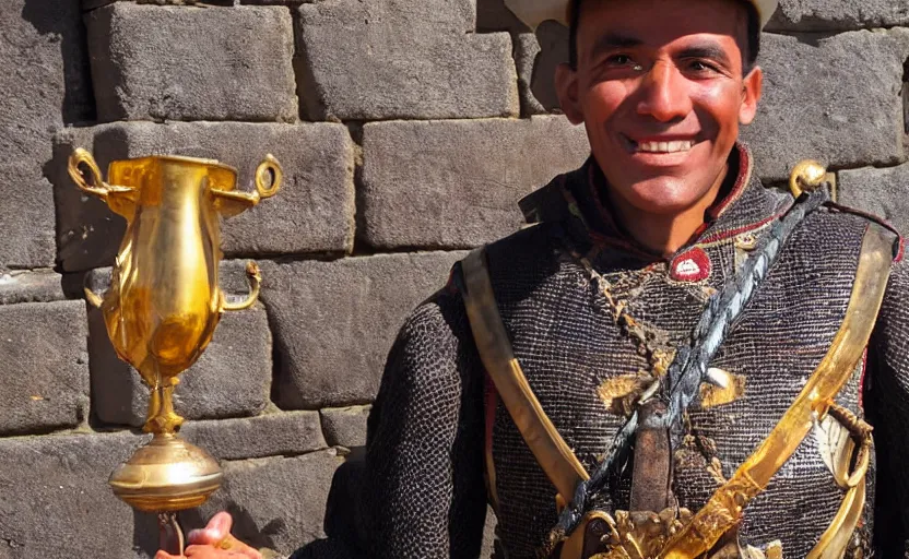 smiling spanish conquer soldier holding golden cup on Stable