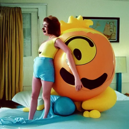 Prompt: bored housewife meets a smiley inflatable toy in a seedy motel room, 1978 color Fellini film, ugly motel room with dirty walls and old furniture, archival footage, technicolor film, 16mm, live action, John Waters, campy and colorful