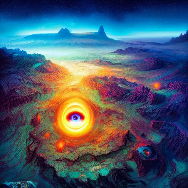 Image similar to fantasy aerial iceland landscape in the form of the human eye, volumetric lighting, colorful, sharp and focus, ultra detailed, beautifully lit landscape, astrophotography, in the art style of dan mumford and marc simonetti