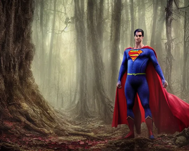 Image similar to 5 5 mm portrait photo of a undead superman in a magical forest. magical atmosphere. art by greg rutkowski and luis royo. highly detailed 8 k. intricate. lifelike. soft light. nikon d 8 5 0.