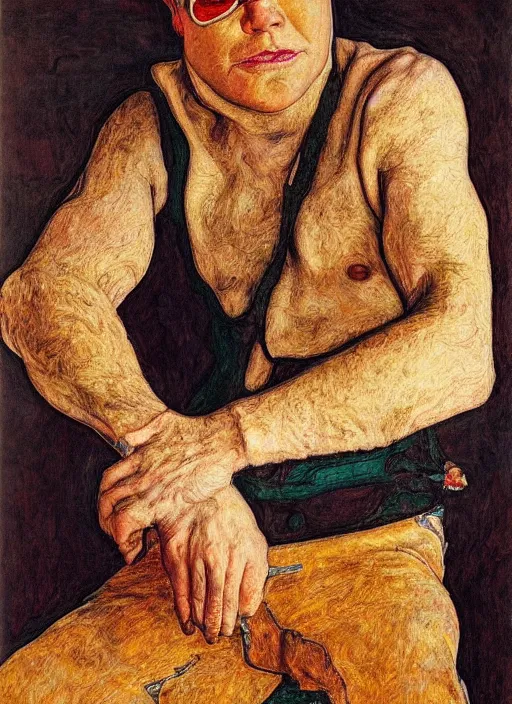 Prompt: portrait of elton john in a golden hour lighting, painted by egon schiele, 8 k extremely realistic and highly detailed