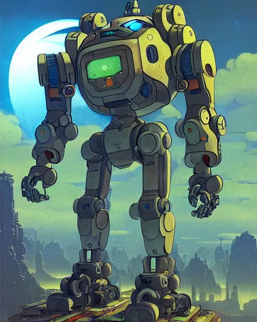 Prompt: bastion the friendly robot from overwatch, character portrait, portrait, close up, concept art, intricate details, highly detailed, vintage sci - fi poster, retro future, in the style of chris foss, rodger dean, moebius, michael whelan, katsuhiro otomo, and gustave dore