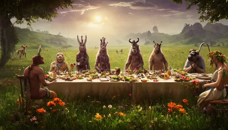 Image similar to a table dinner of exotic animals where animals are dressed like the characters from the midsommar movie wearing flowers, realistic detailed digital art by maxwell boas jessica rossier christian dimitrov anton fadeev trending on artstation cgsociety rendered in unreal engine 4 k hq