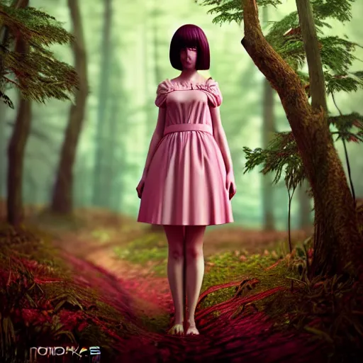 Image similar to a woman in a pink dress standing in a forest, a character portrait by ilya kuvshinov, cg society contest winner, neo - romanticism, ilya kuvshinov, daz 3 d, polycount