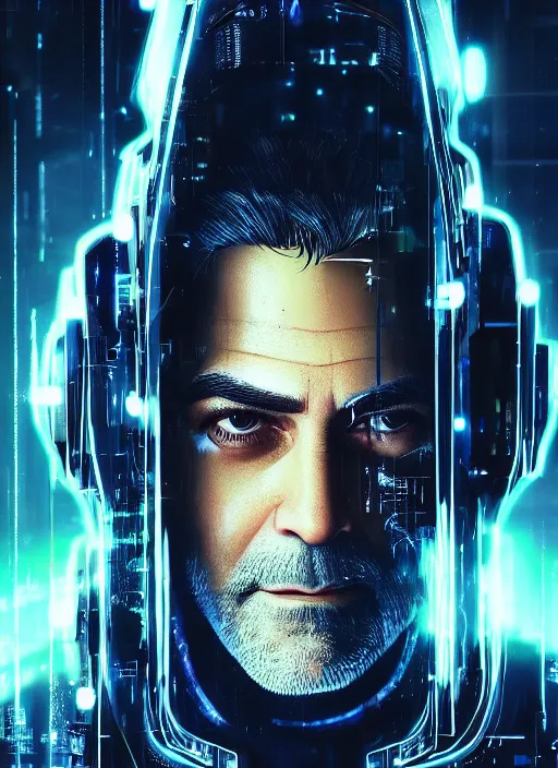 Prompt: cyberpunk portrait of beautiful cyber George Clooney, George Clooney, cyberpunk, photorealistic, octane render, beautiful eyes, 35mm, coherent, intricate, 4k, intricate details, concept art, studio lighting, trending or artstation, award winning, hyperrealistic, 8k, hd